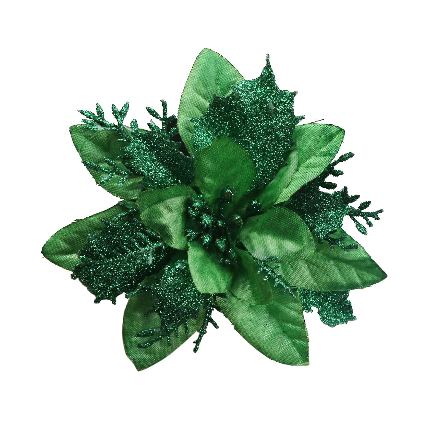 12Pcs Silk Shinning Sprakled Glitter Poinsettia Artificial Flower For Xmas Tree Christmas Decorations(Green,6 Inch)
