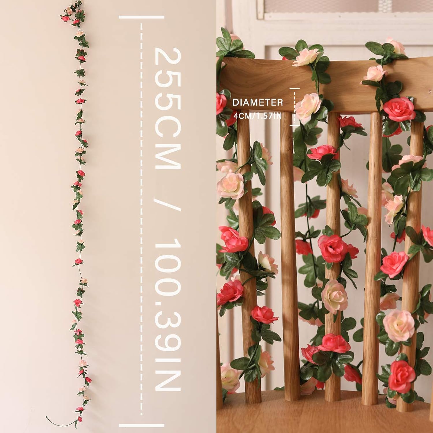 5Pcs 41Ft Flower Garland Fake Rose Vine Artificial Flowers Hanging Rose Ivy Hanging Baskets Wedding Arch Garden Background Decor (Pink, 5)