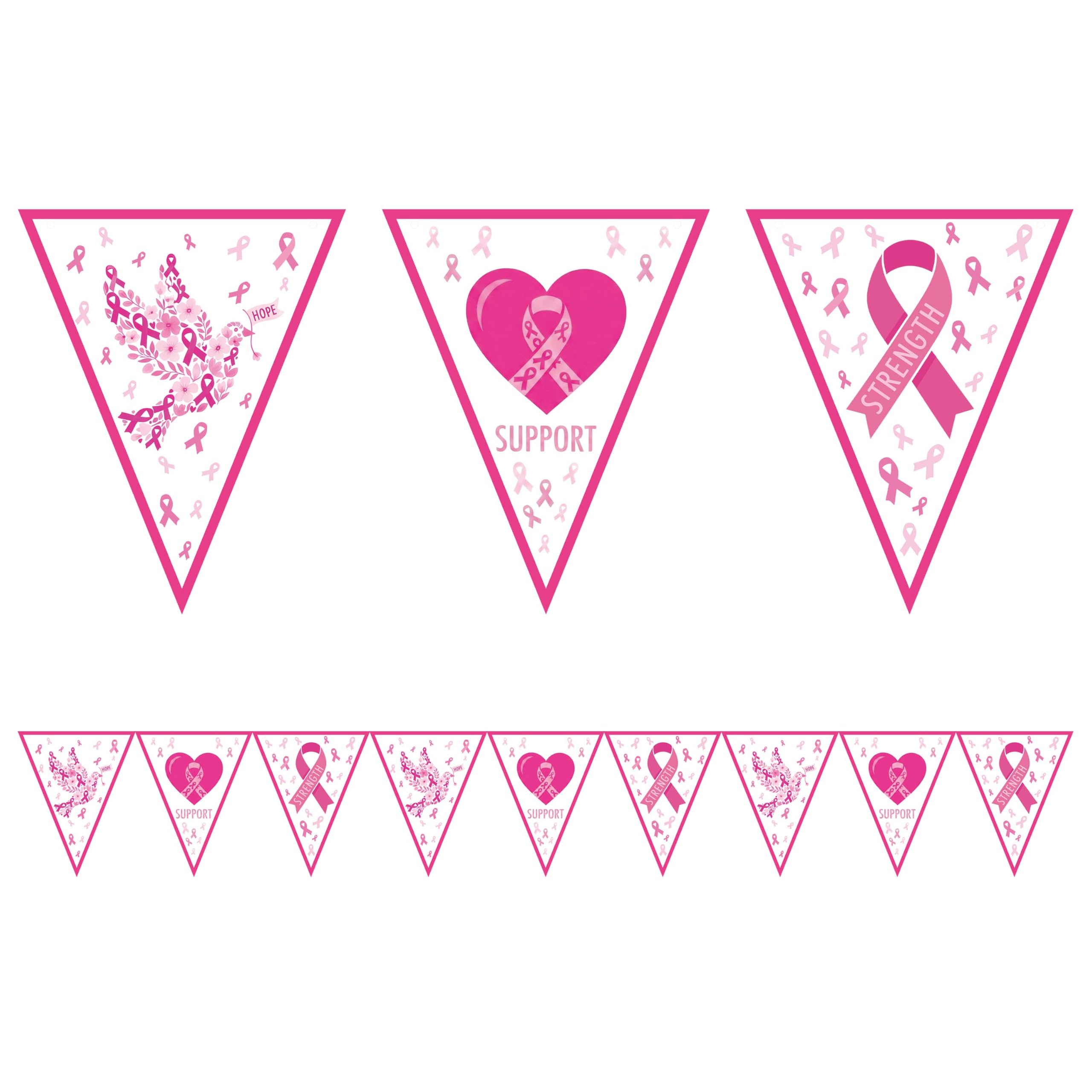 2 Pcs Breast Cancer Awareness Decorations Pink Ribbon Pennant Banner, Hope Strength Support Triangle Bunting Garland for Women Survivor Party Supplies, October Charity Run and Fundraiser Event Decor