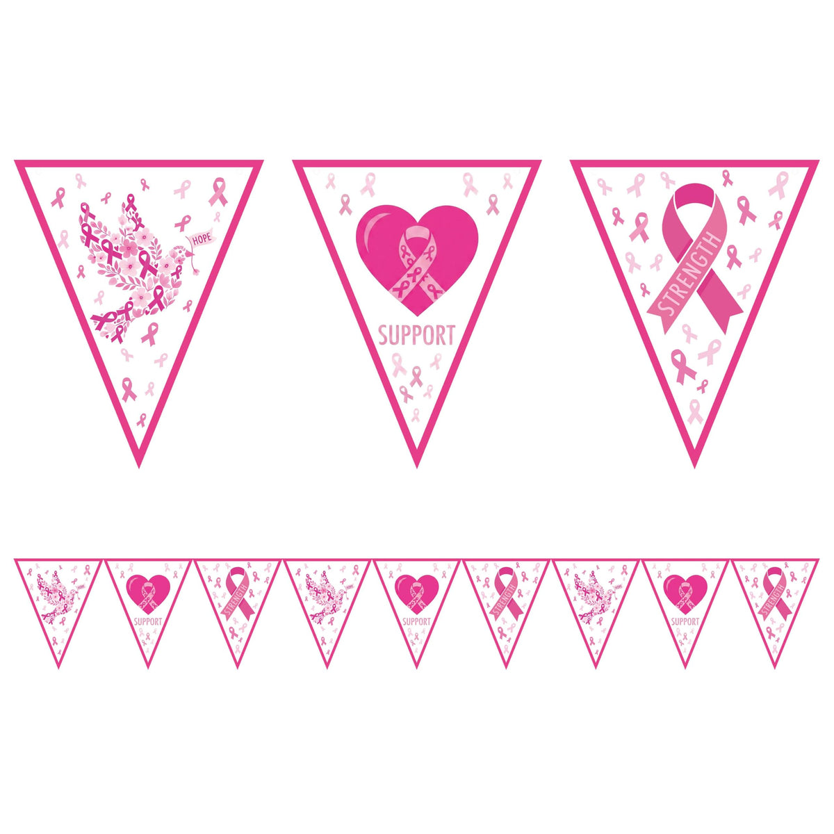 2 Pcs Breast Cancer Awareness Decorations Pink Ribbon Pennant Banner, Hope Strength Support Triangle Bunting Garland for Women Survivor Party Supplies, October Charity Run and Fundraiser Event Decor