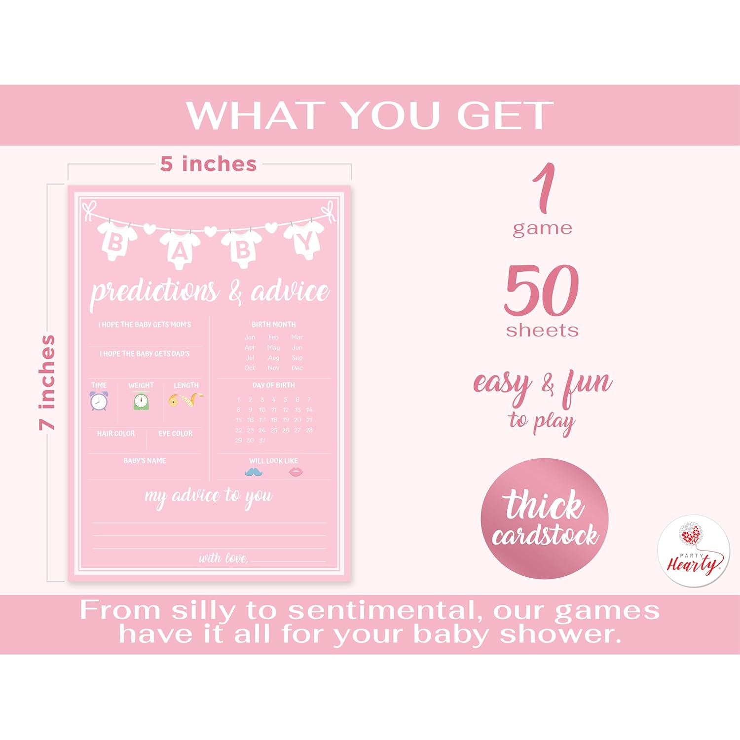 Baby Shower Games For Girl, 50 Pcs Pink Prediction & Advice Game, Fun Activity Cards, Baby Shower Ideas