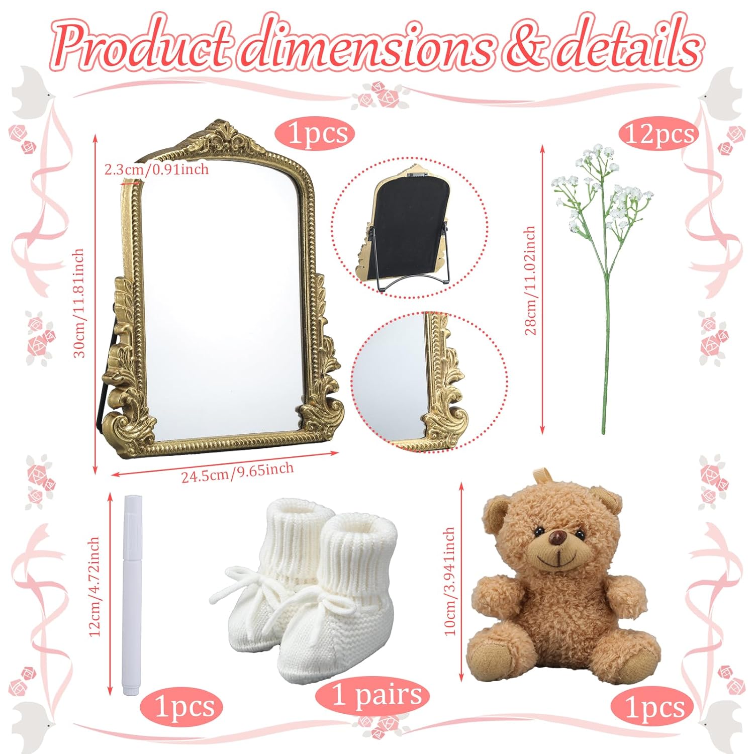 Pregnancy Announcement Mirror Newborn Cozy Shoes 12 Baby Breath Artificial Flowers Bear Doll And White Erasable Pen For Beach Photography Pregnancy Announcement Celebration