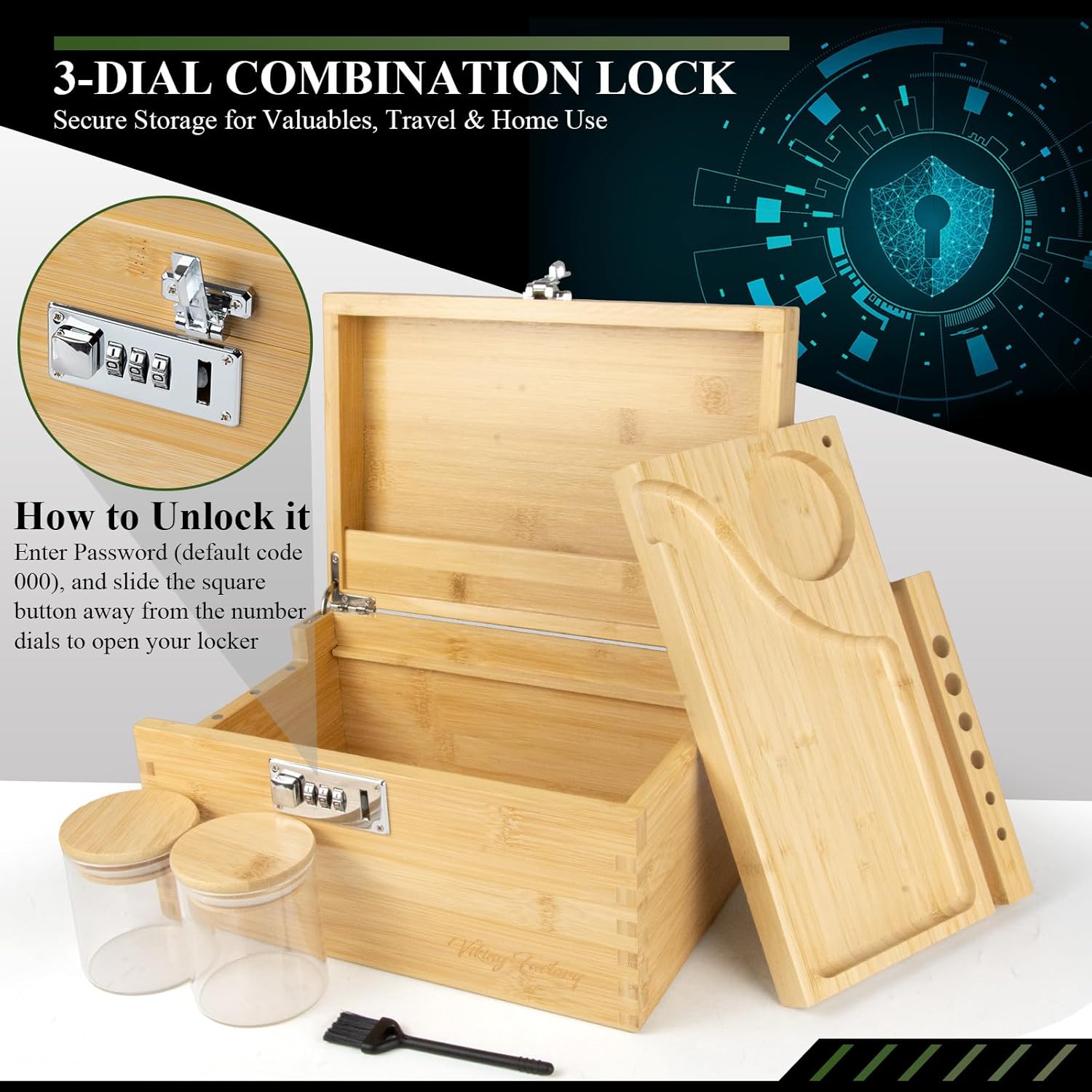 Large Lockable Storage Box With Secure Combination Lock - Professional Home Organizer Kit Includes Manual Spice Crusher & Multi-Use Tray | Kitchen Storage (10.6 X 7.1 X 5.5 In) (Natural)