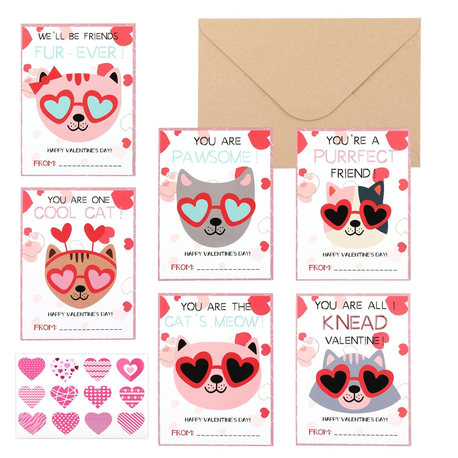 48 Sets Funny Valentines Day Cards For Kids, Cat Valentines Cards Bulk For Kids Classroom School Valentines Exchange Cards With Envelopes & Heart Stickers(3.5X5In)