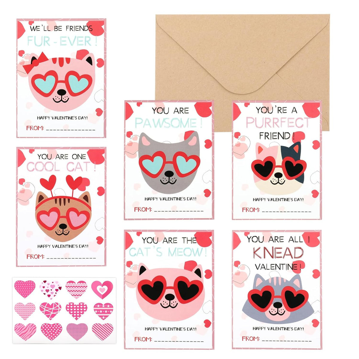 48 Sets Funny Valentines Day Cards For Kids, Cat Valentines Cards Bulk For Kids Classroom School Valentines Exchange Cards With Envelopes & Heart Stickers(3.5X5In)
