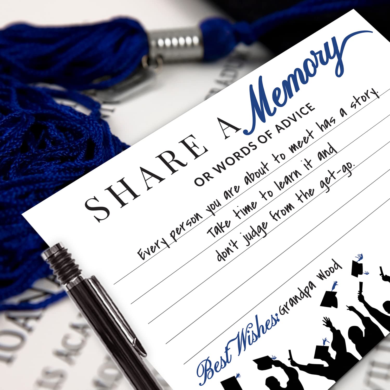 50- Blue Graduation Share A Memory Or Advice Cards For The Graduate - Party Games Ideas Activities Supplies Decorations Grad Celebration College, High School, University Blue & Black Made In The Usa