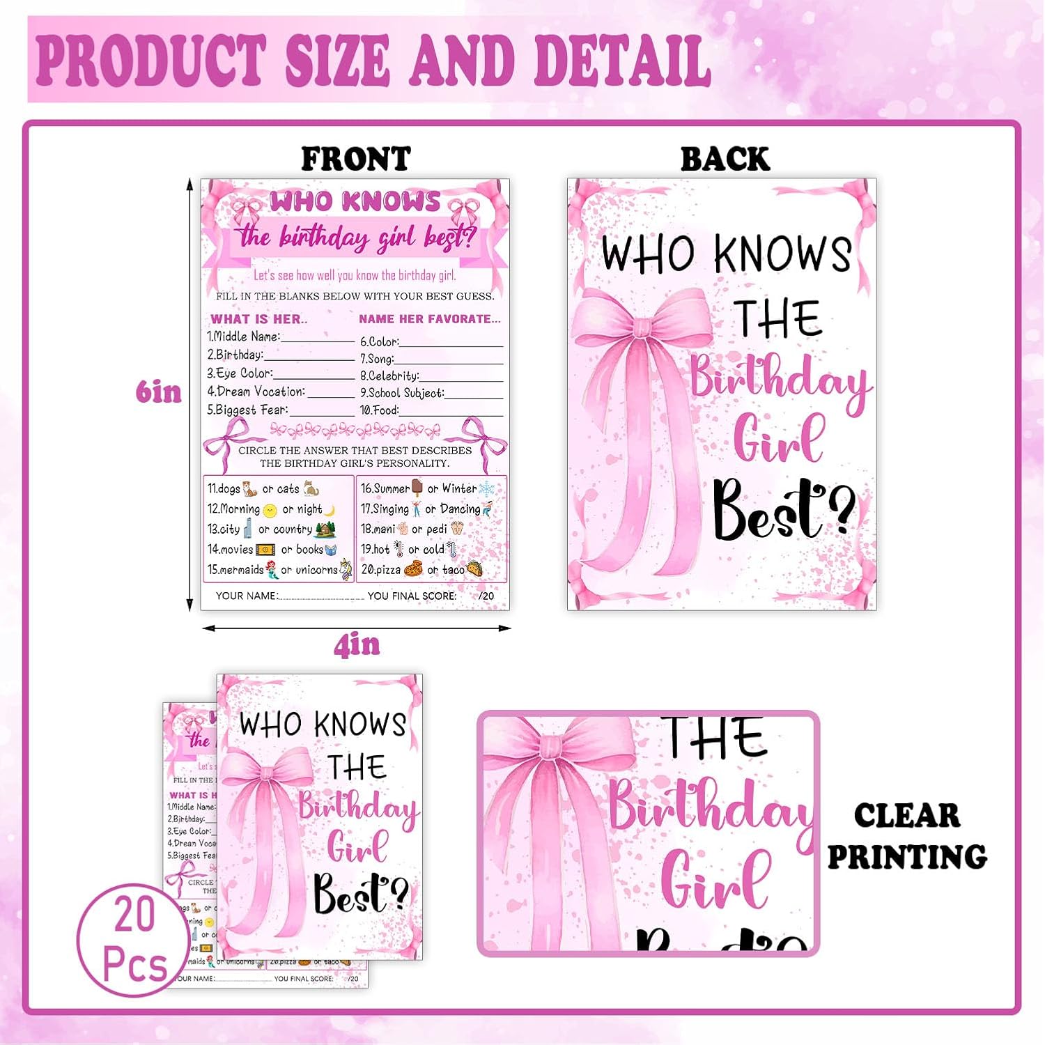Who Knows The Birthday Best - Pink Party Games Card Set Of 20 - Birthday Night Games Creative Idea - Pink Bow Themed Sleepover Slumber Party Supplies