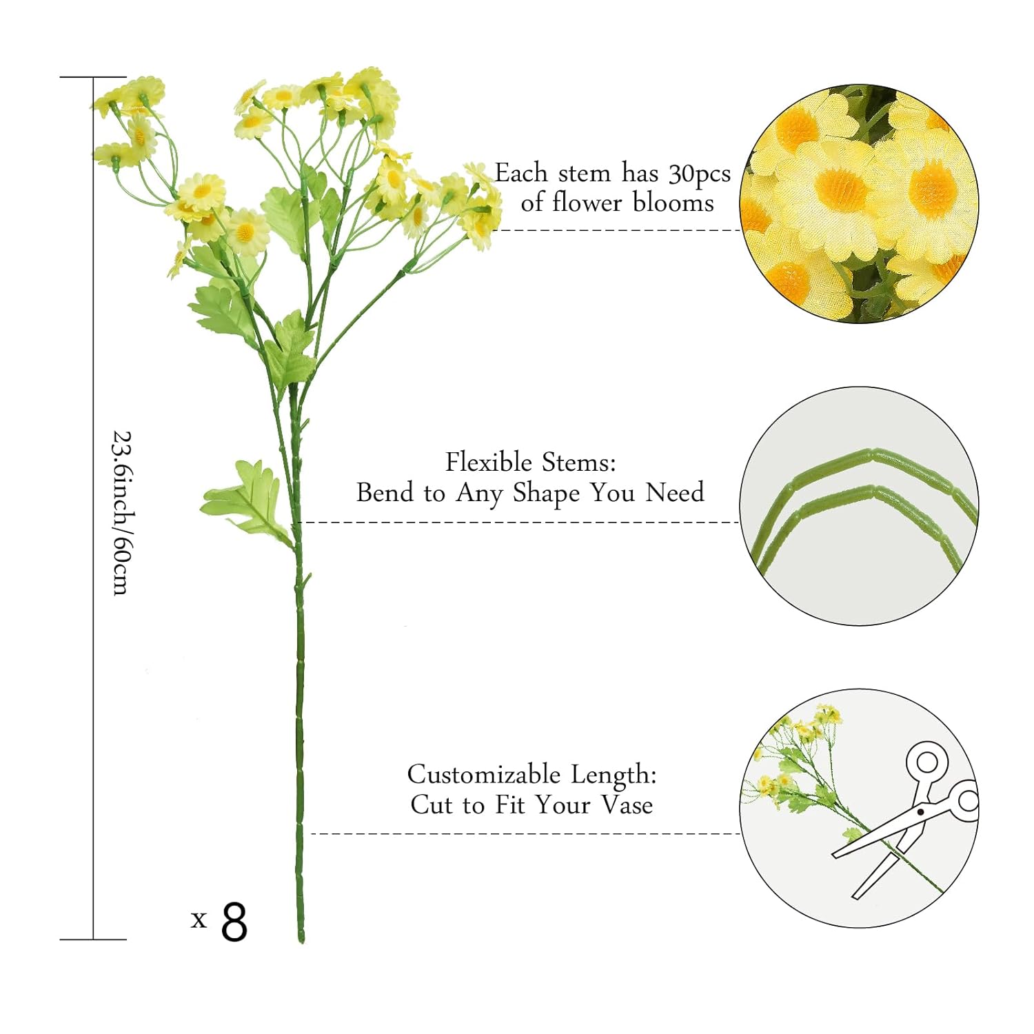 Artificial Daisy Flowers 8-Pack Fake Chamomile Bouquet - Realistic Floral Home Decor For Living Room, Bedroom, Wedding Silk Lifelike Flowers(Long Yellow)