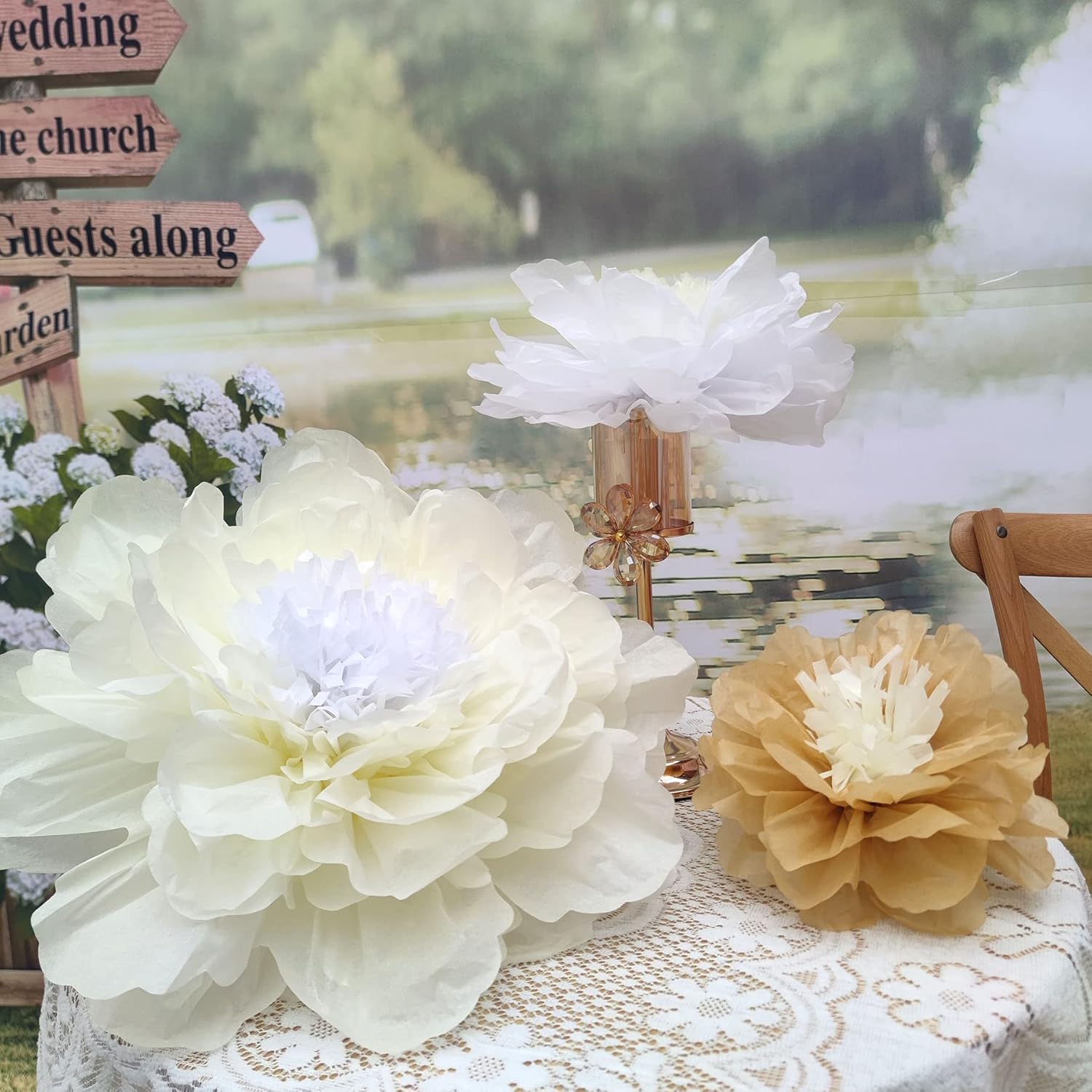 White Gold Large Paper Flower Decorations For Wedding Party Backdrop Diy Home Flower Wall Arrangement Decorations (20''-10'' Assorted) Pack Of 6