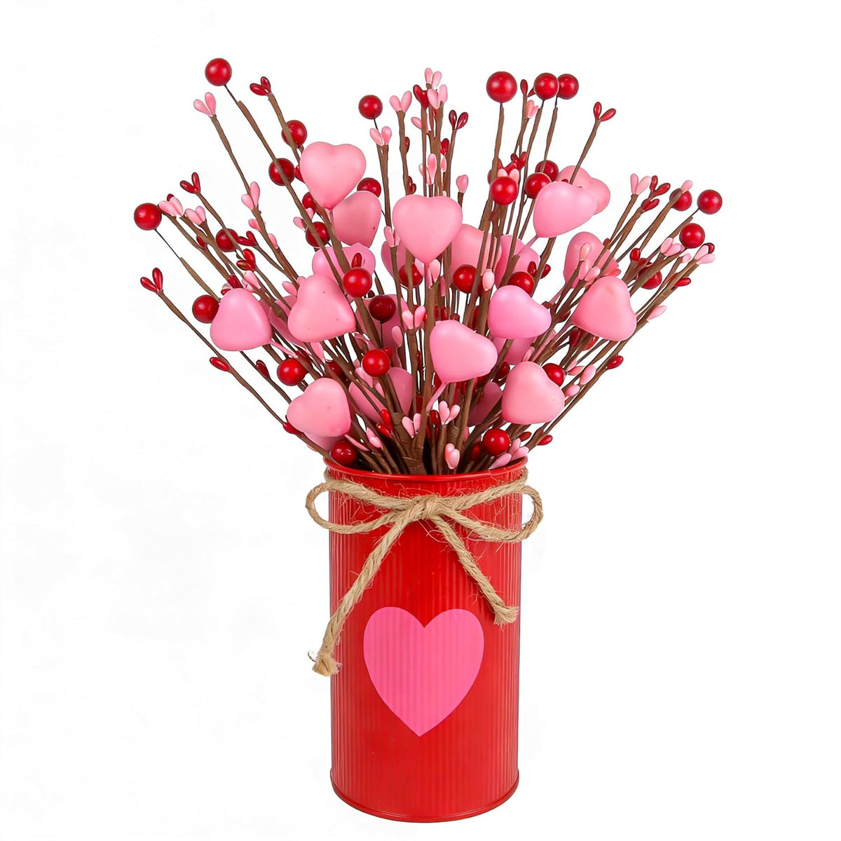 Cute Valentine'S Day Decorations, Artificial Pink Heart Shaped Berry Stems With Metal Pot, Valentines Decor For Table Mantel, Valentines Day Floral Picks For Home School Office Party Wedding