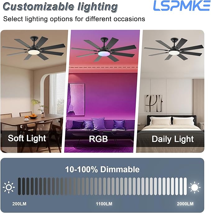 52 Inch Ceiling Fan with Light and Remote Black Dimmable Indoor Outdoor Fan