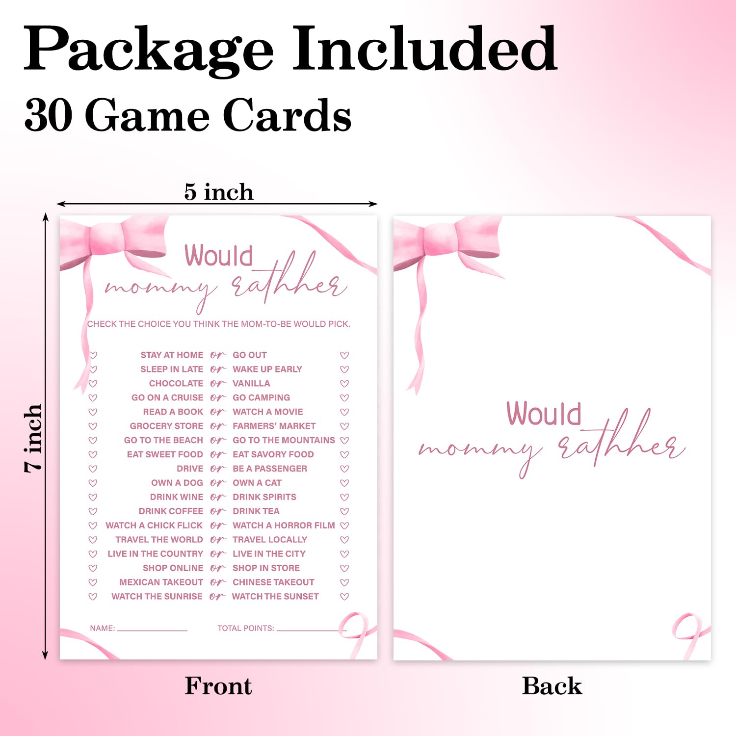 Pink Bow Baby Shower Games, Would Mommy Rather Game Cards, 30 Double-Sided Game Cards, Baby Shower Games Activity Gender Reveal Party Supplies -P15