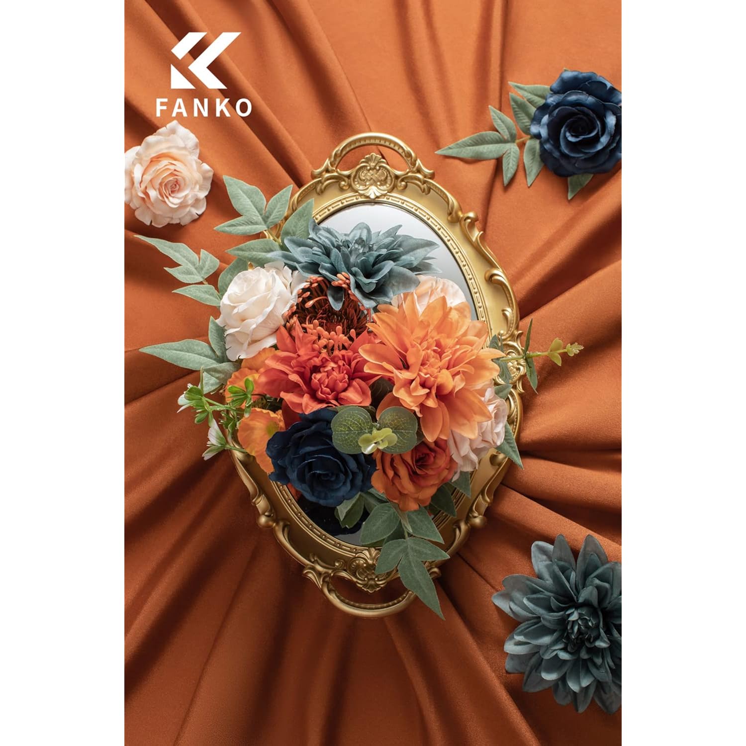 Rose Artificial Flowers Combo For Diy, Fake Burnt Orange & Navy Blue Rose Silk Flowers Greenery, Faux Flowers For Wedding Bridal Bouquet, Table Centerpieces, Floral Arrangement, Home Decoration