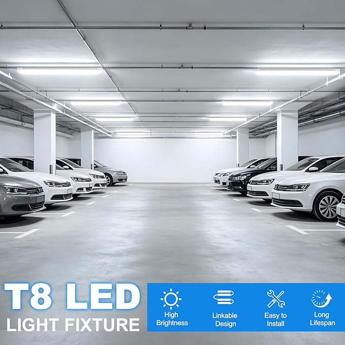 4 Pack 4FT LED Shop Lights 45W 6300LM 5000K V Shape Linkable T8 Fixtures for Garage Workshop