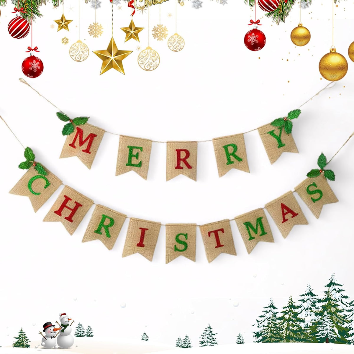 10Ft Merry Christmas Burlap Banner Natural Burlap Christmas Decorations Banner With Holly Leaves Christmas Bunting Garland For Xmas Party Home Fireplace Indoor Outdoor Holiday Decor
