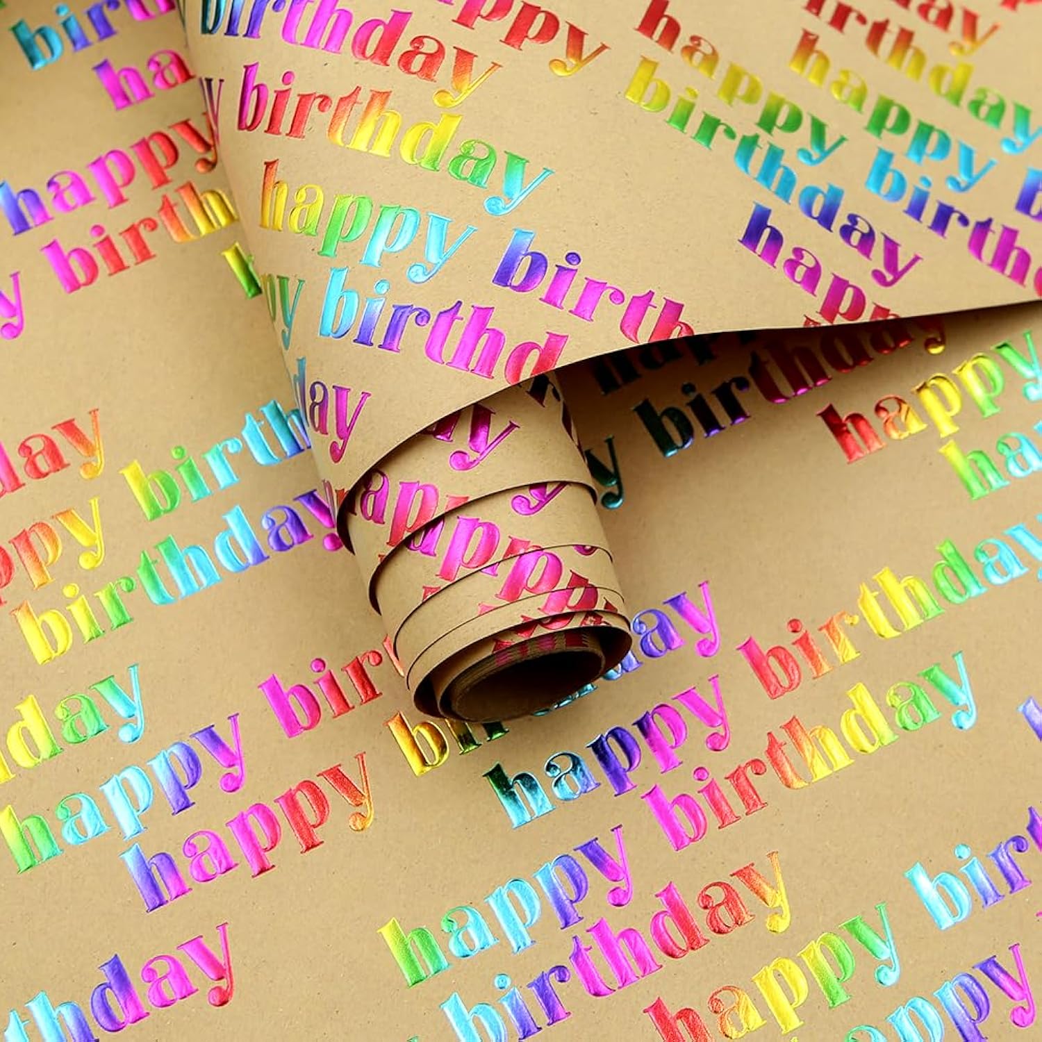 Multi-Colored Foil "Happy Birthday" Lettering On Brown Recyclable Kraft Wrapping Paper -1 Mini Roll 17 X 10 Ft Per Roll 14.1 Sq.Ft.Ttl- Glitter Iridescent Recycled Gift Wrap For Diy Crafts Celebration Party, Holiday, Baby Shower
