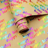 Multi-Colored Foil "Happy Birthday" Lettering On Brown Recyclable Kraft Wrapping Paper -1 Mini Roll 17 X 10 Ft Per Roll 14.1 Sq.Ft.Ttl- Glitter Iridescent Recycled Gift Wrap For Diy Crafts Celebration Party, Holiday, Baby Shower