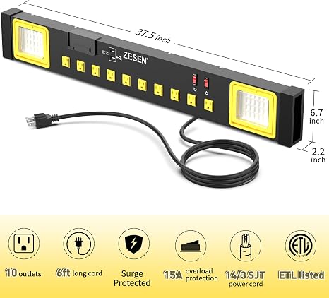 Heavy Duty Metal Power Strip 10 Outlets with LED Work Light Black