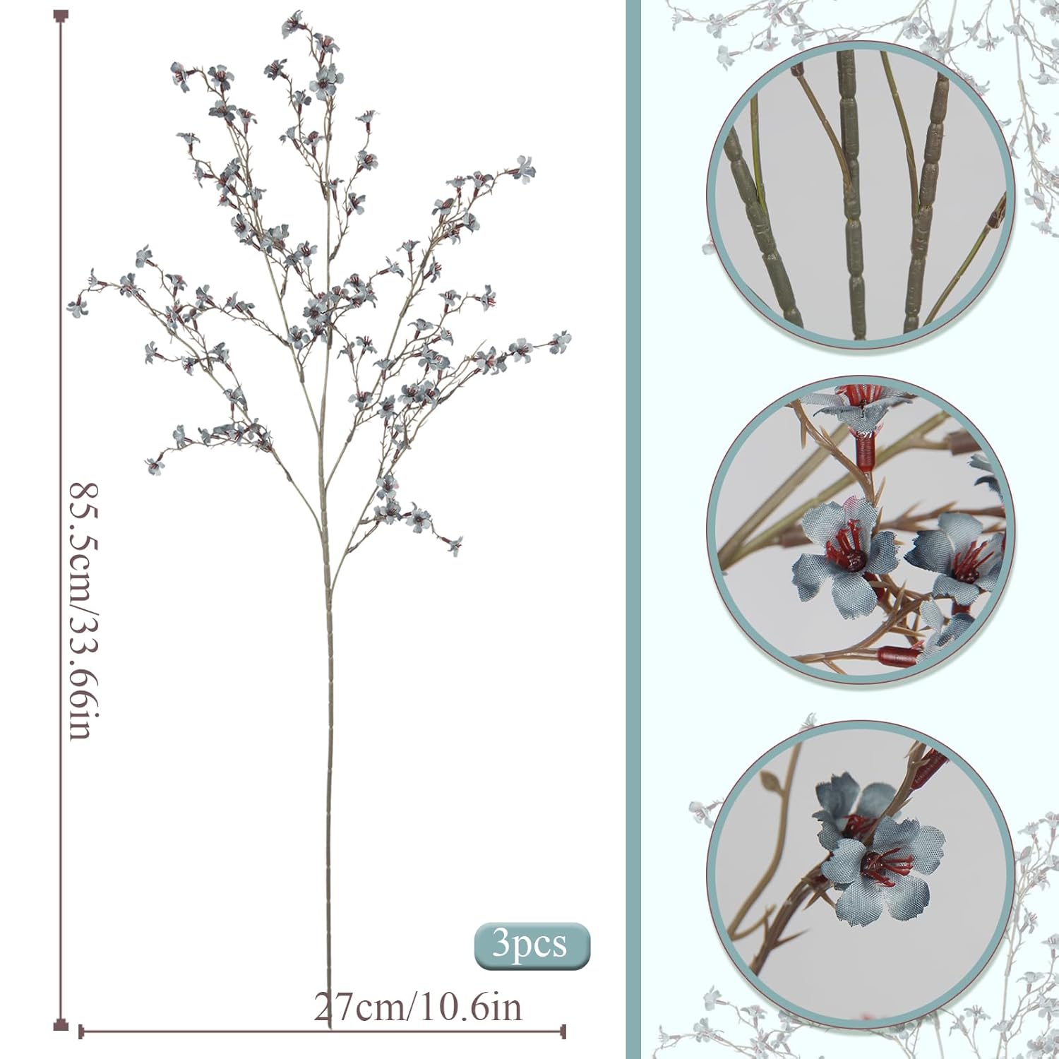 3 Pcs Cherry Blossom Branches Artificial Flowers For Spring Summer Indoor Decoration Faux Cherry Blossom Long Stems Dusty Blue Silk Fake Flowers For Tall Vase Arrangements Home Wedding Table