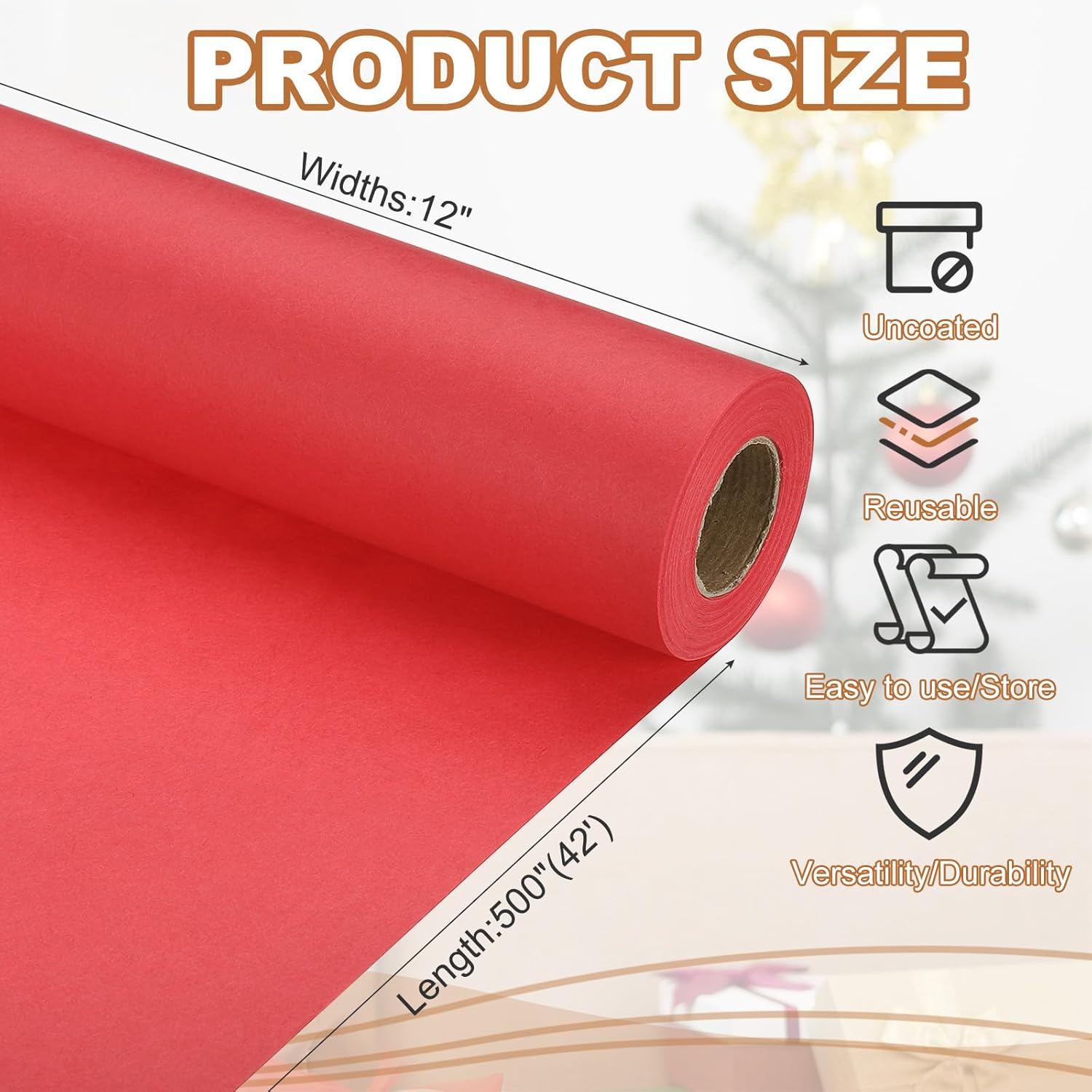 Wrapping Paper, 12" X 500"(42') 70 Gsm Craft Paper Roll Kraft Packing Paper For Poster Bulletin Board, Gift Wrapping, Bright Red