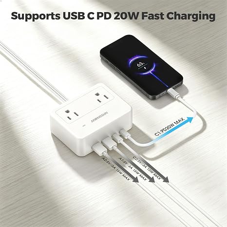 Cruise Power Strip 4 Outlets 4 USB Ports PD 20W Flat Plug White