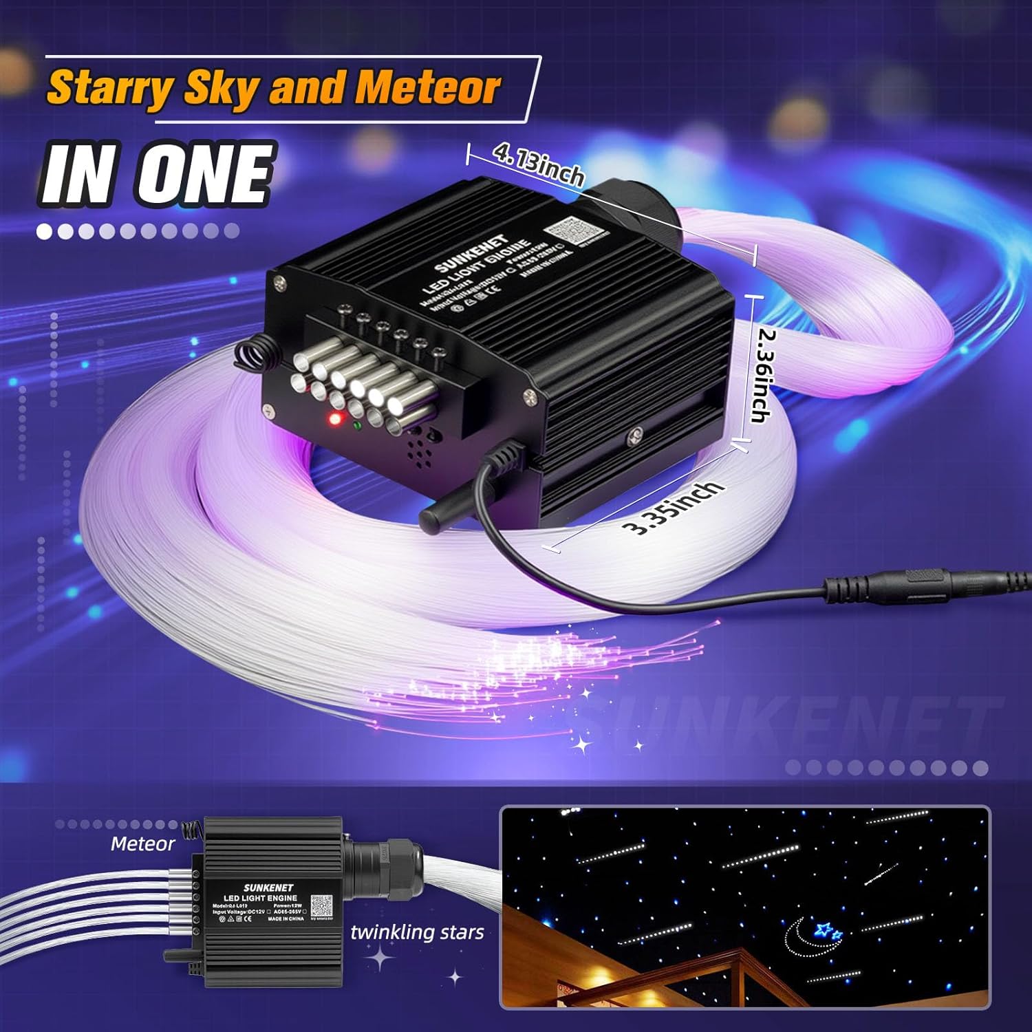 12W Twinkle & Meteor 2 In 1 Rgbw Starlight Headliner Kit, 450Pcs Of(0.03+0.04+0.06In)*9.8Ft+96Pcs Shooting Star Kit For Car Roof/Home Ceiling With Bluetooth App/Remote Control/Music Effect