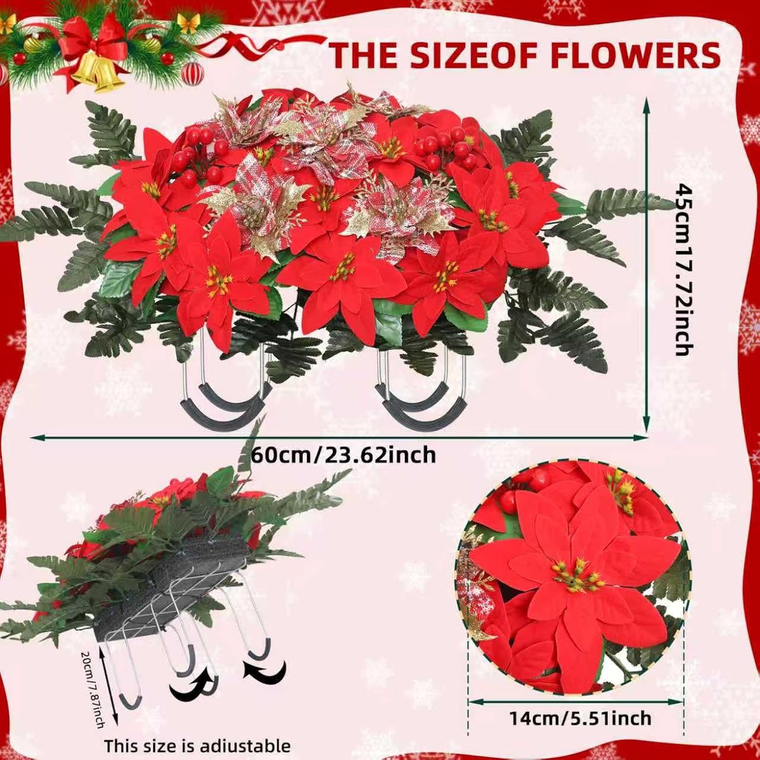 Christmas Cemetery Flowers For Grave Headstone Flower Saddle Artificial Red Poinsettia Berry Bow Grave Flowers For Winter Outdoor Grave Decorations (Red)