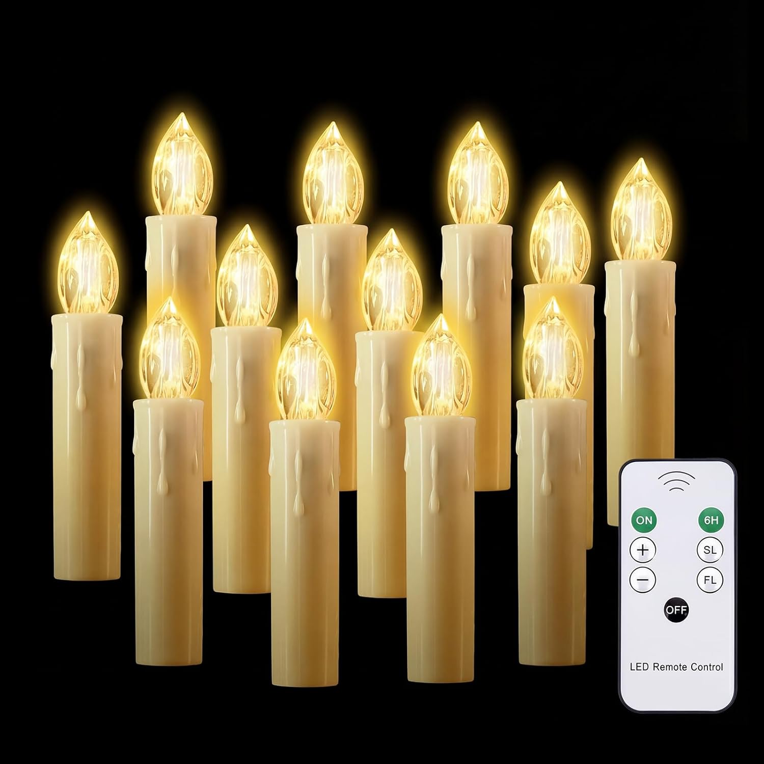 Flameless Christmas Trees Candles, 12Pcs Led Flickering Lights Battery Operated Candlesticks With Remote Timer/Clips, Warm White Window Taper Candles For Home Wedding Halloween Birthday Decor