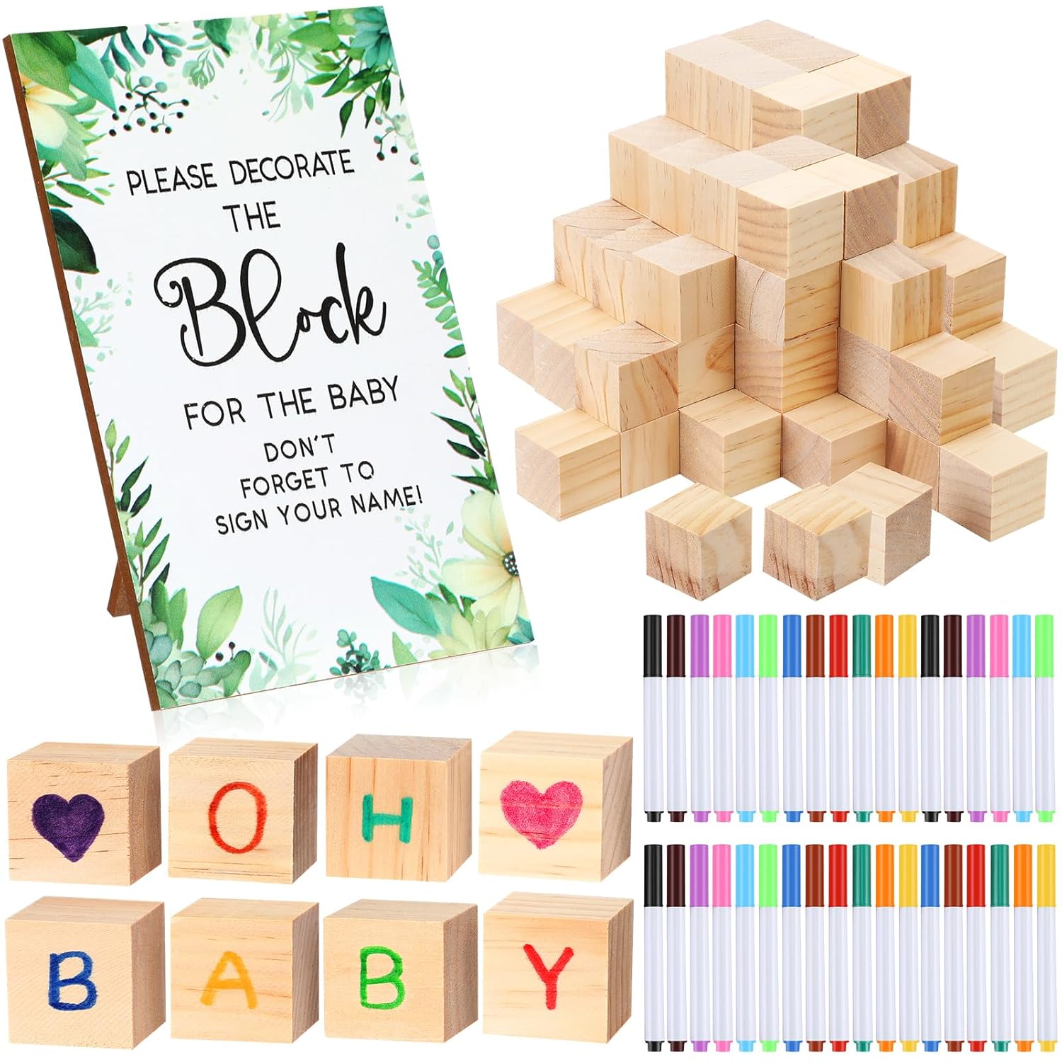 117 Pcs Baby Shower Block Games Sign Kit Including Baby Shower Game Sign 80 Diy Blank Wooden Blocks 36 Acrylic Markers For Guests Party(36 Colors,Leaves)
