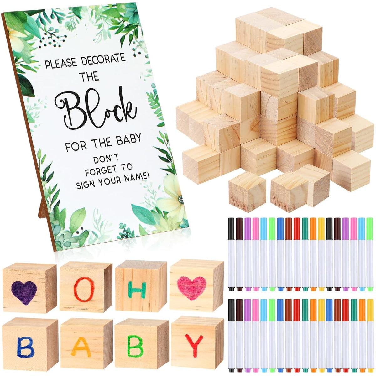 117 Pcs Baby Shower Block Games Sign Kit Including Baby Shower Game Sign 80 Diy Blank Wooden Blocks 36 Acrylic Markers For Guests Party(36 Colors,Leaves)