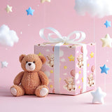 Baby Shower Bear Wrapping Paper Roll For Toddler Girl, Mini Roll, Pink Bear With Clouds Balloons Stars Gift Wrap Paper For Birthday Party, Baby Shower, 17 Inches X 16.4 Feet