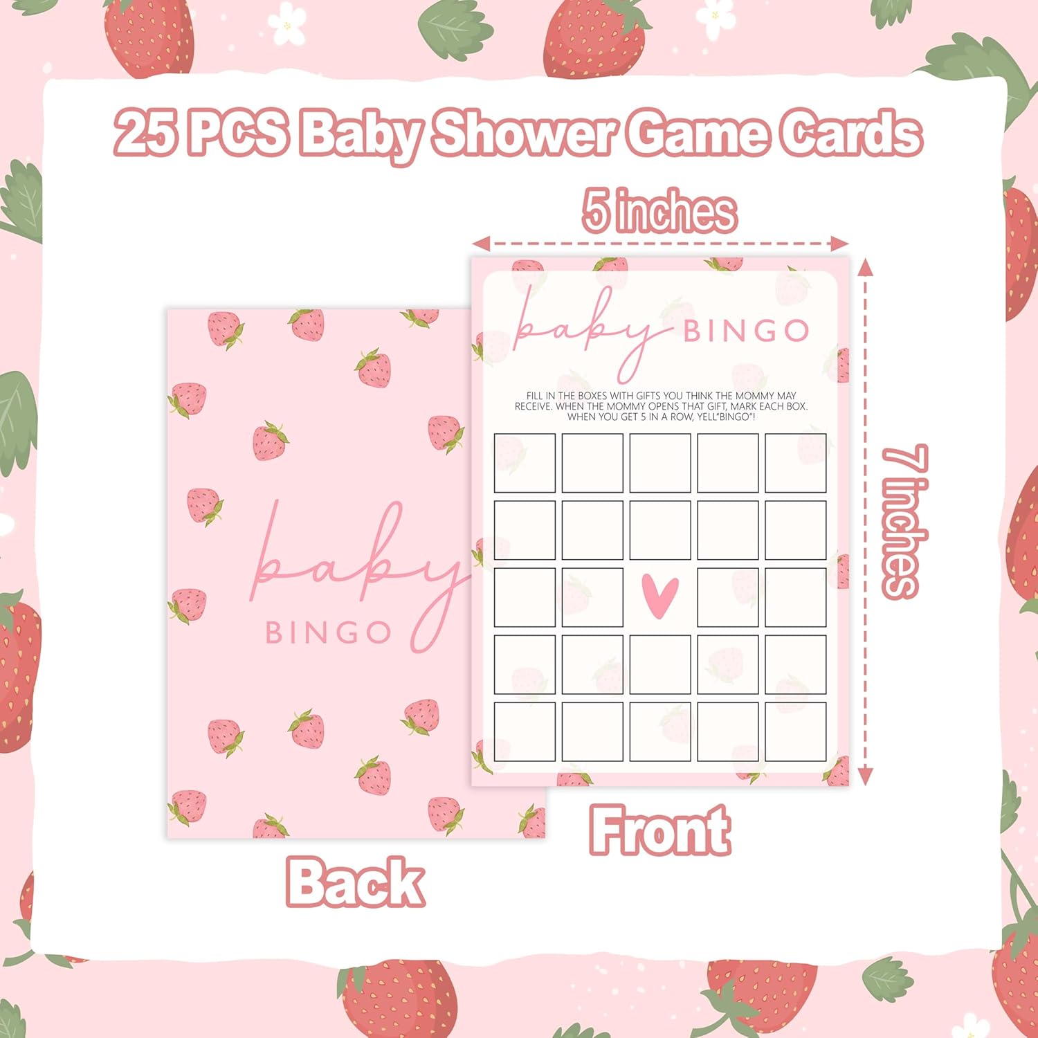 Baby Shower Games For Girl, Strawberry Baby Bingo Card, 25 Hilarious Double-Sided Games For Gender Reveal Party Decorations Supplies Announcement