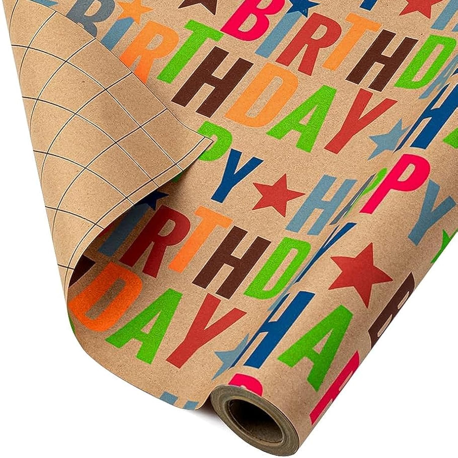Kraft Birthday Wrapping Paper – Colorful Text Design, 17" x 33' Roll