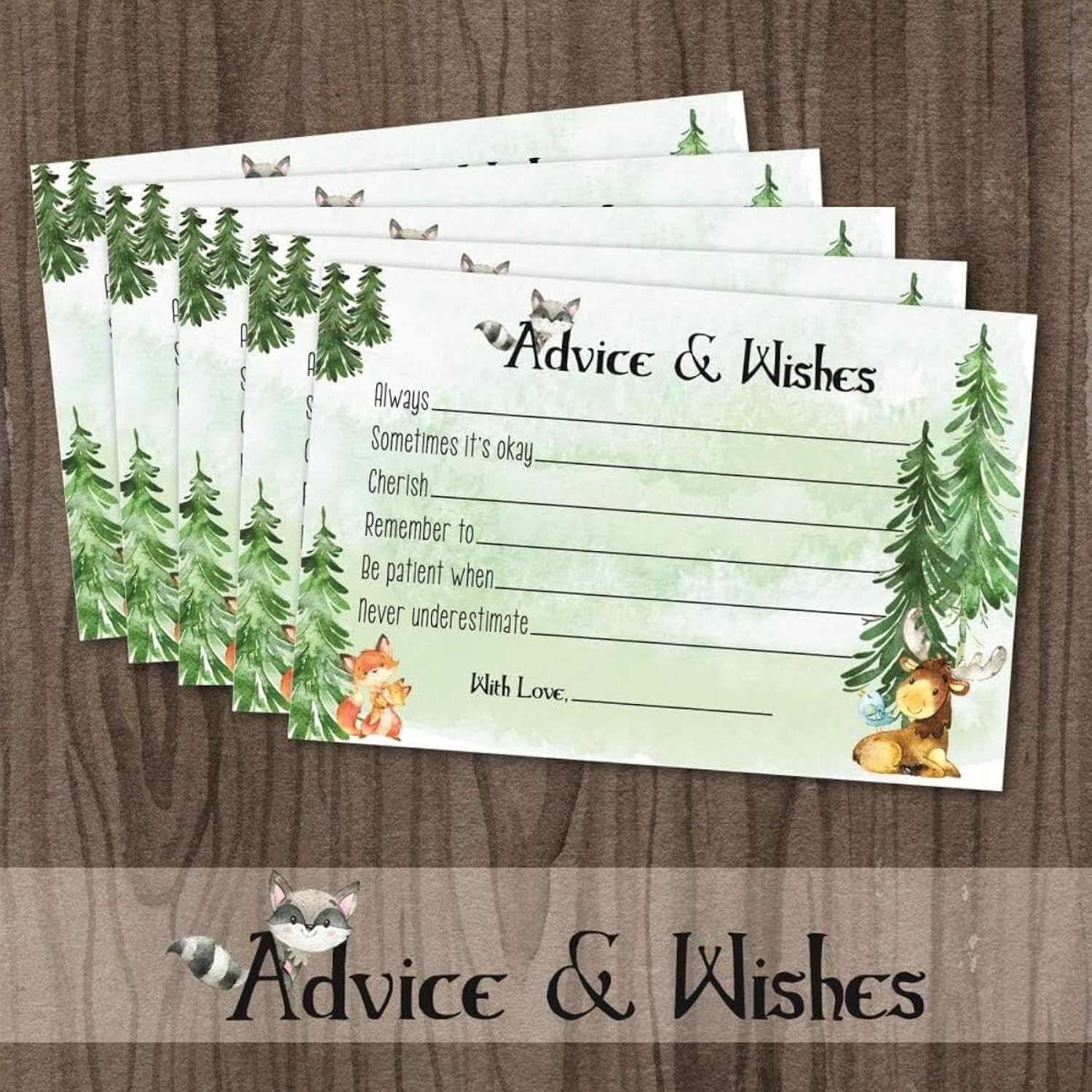 Woodland Creatures Baby Shower Games - 50 Advice Cards For Mommy - Forest Animals - Guest Book Alternative - Well Wishes - Predictions - Rustic Woodland Party Supplies (50 Advice & Wishes Cards)