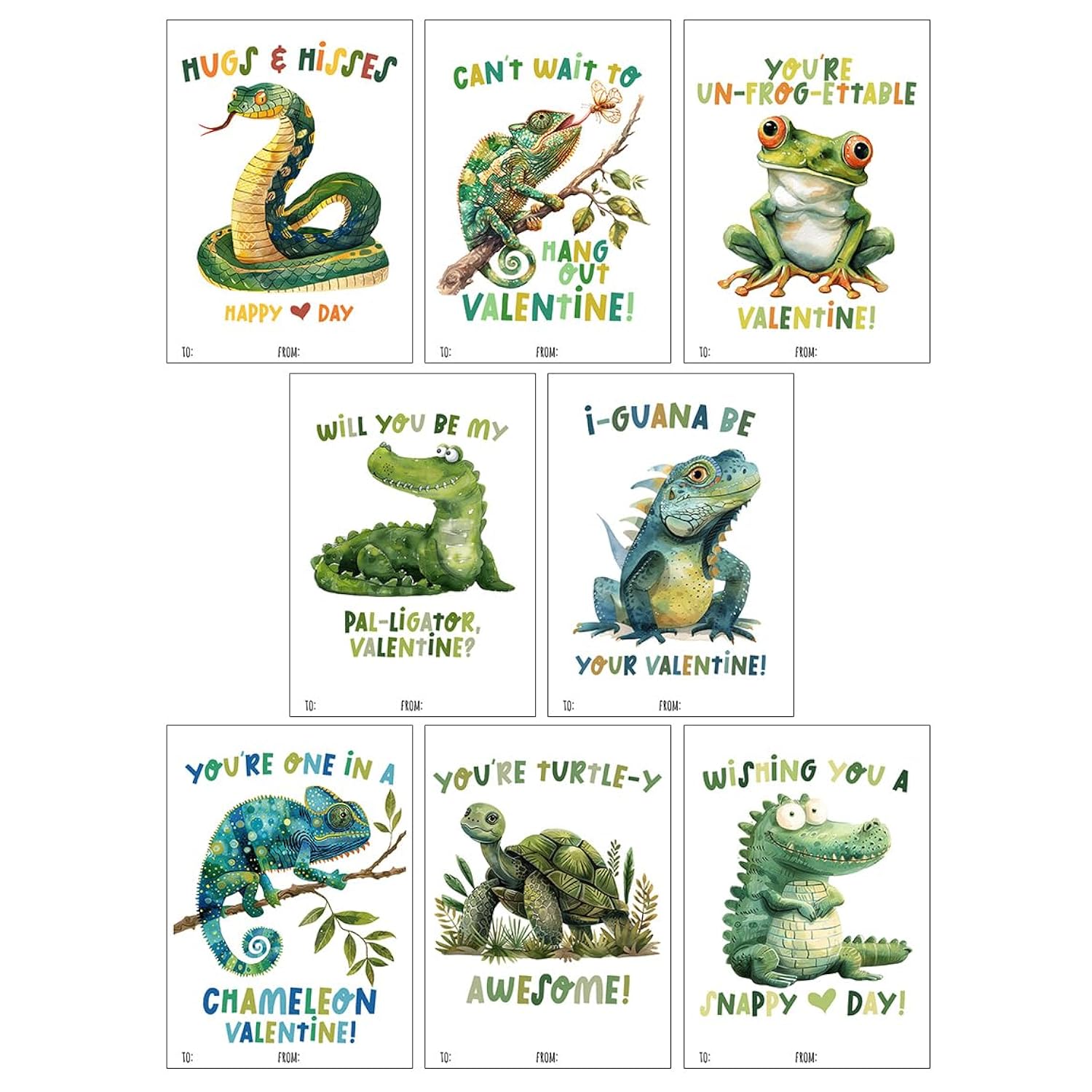 Reptile Valentine Day Classroom Sharing Cards (Set Of 24) Valentine'S Class Party Exchange - Snake Frog Alligator Lizard Turtle