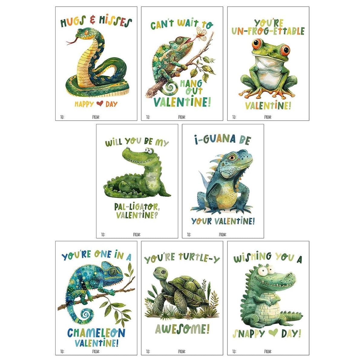 Reptile Valentine Day Classroom Sharing Cards (Set Of 24) Valentine'S Class Party Exchange - Snake Frog Alligator Lizard Turtle