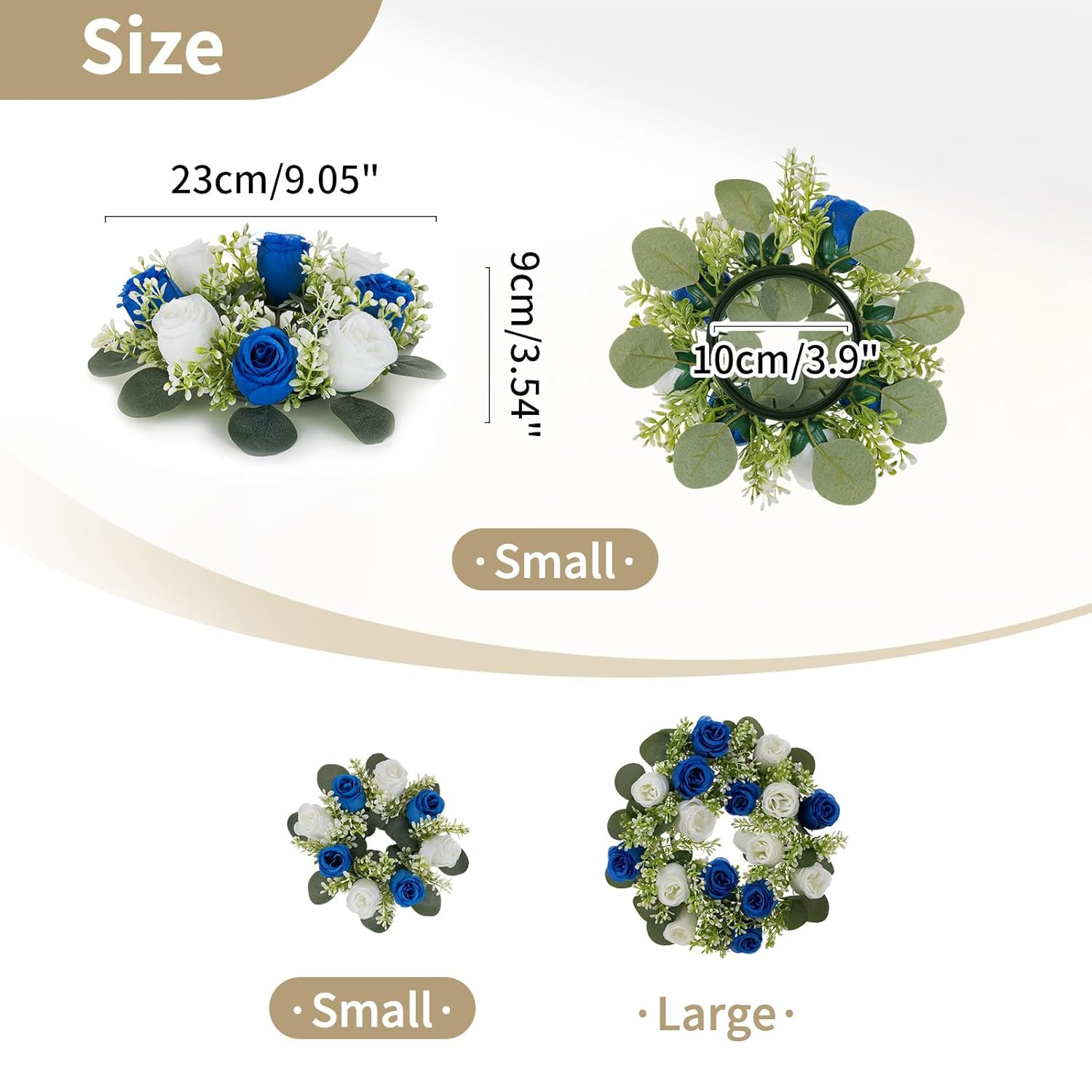 Small Wreath For Table Centerpieces: 9.05 Inch Royal Blue & White Flower Candle Rings For Wedding Party Christmas - Rose Wreaths For Spring Summer Front Door Porch Decor 2 Pcs
