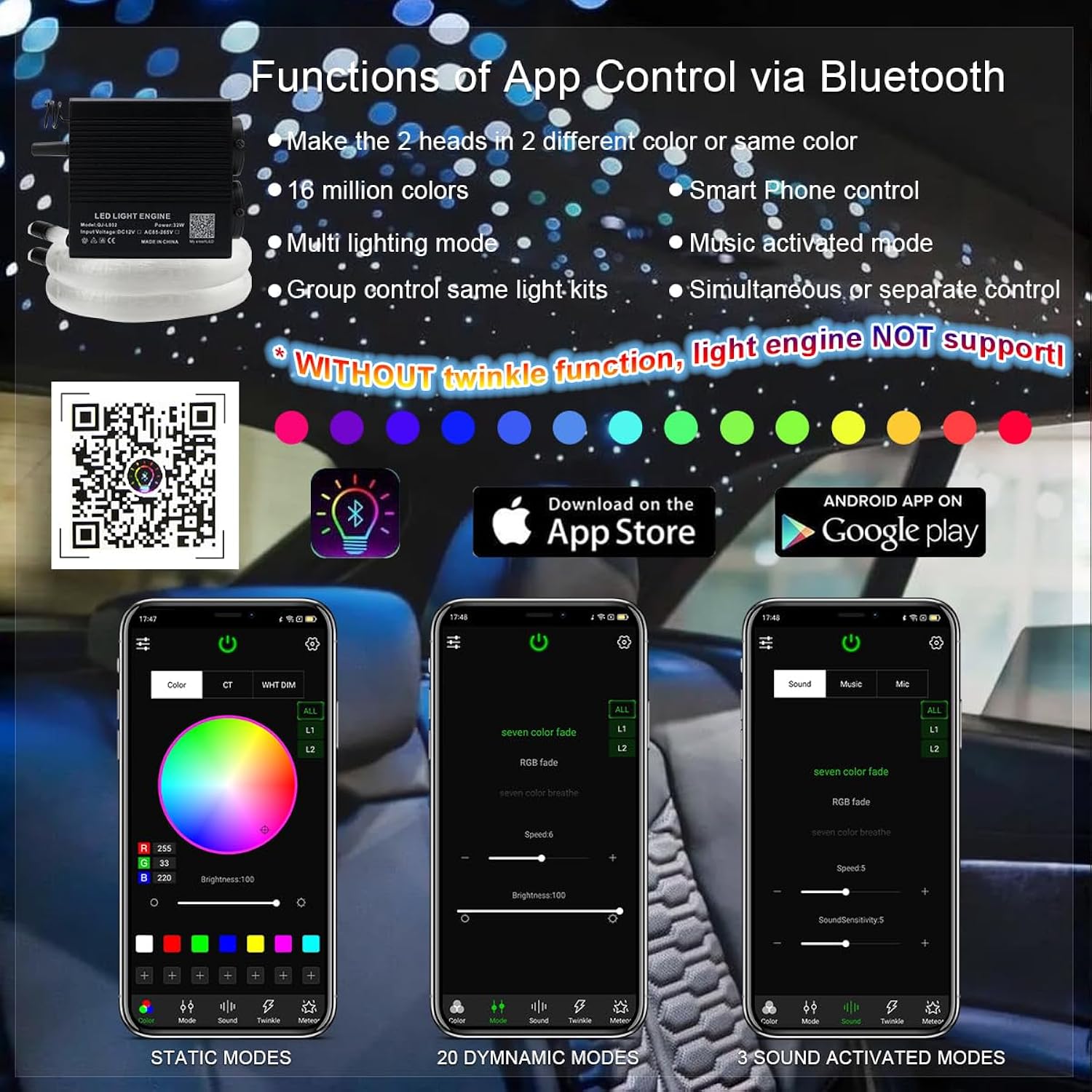 2 Light Color 32W Dual-Head Rgbw Music Activated Fiber Optic Lights, 670Pcs Of Mixed Optical Fibers In 13.1Ft+ Small App Control Fiber Optic Star Ceiling Light Kit For Car Headliner Star/Home