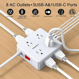 10FT Surge Protector Power Strip 8 Outlets 4 USB Ports 1 USB C Flat Plug White