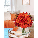 Faux Fall Flowers In Vase, Artificial Dahlia & Mum Silk Floral Arrangement With Clear Glass Vase Fake Autumn Flowers Bouquet For Home Office Dining Room Table Centerpiece Decoration