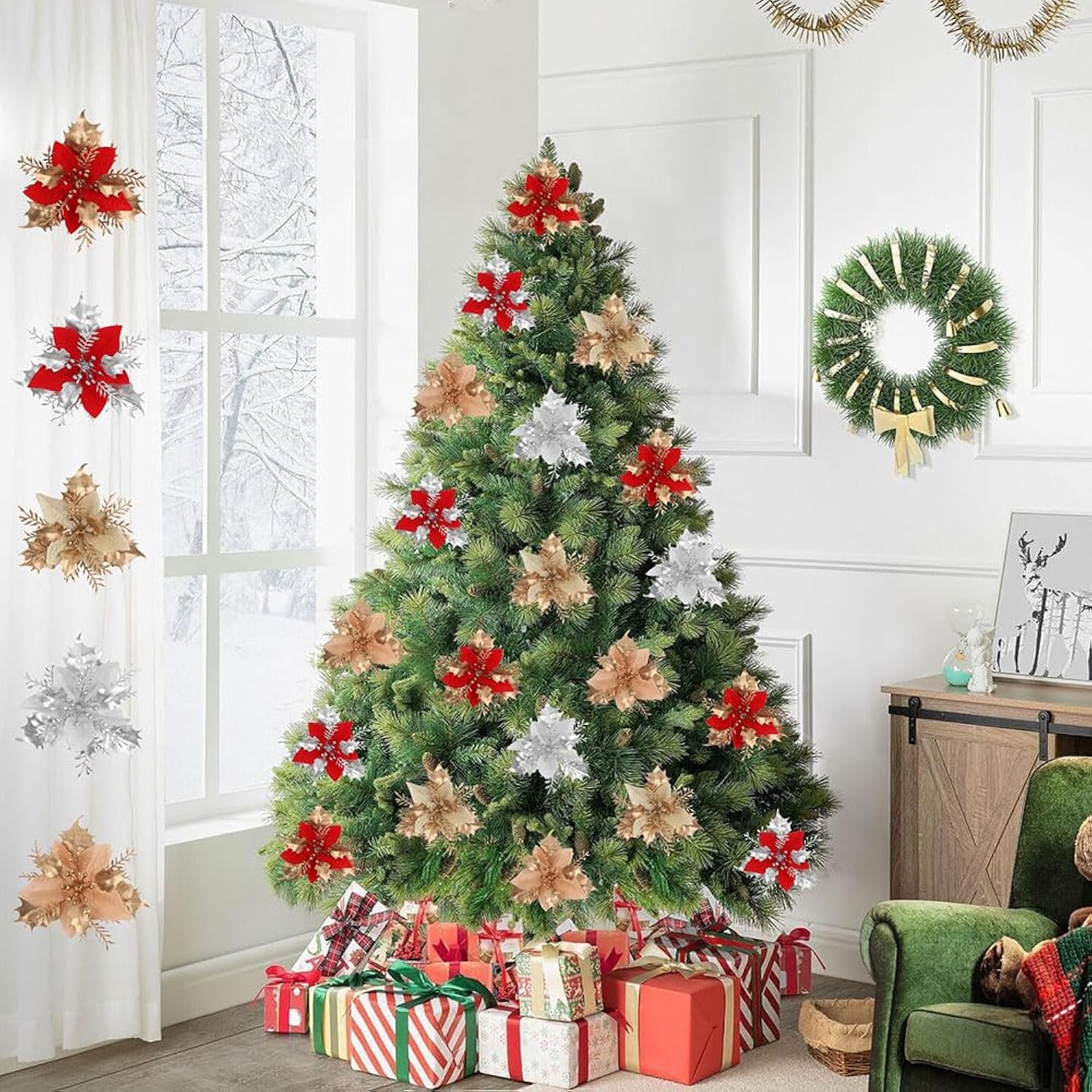 20Pcs Poinsettia Artificial Christmas Flower Decoration 5.9" Christmas Tree Decorations With Clips For Xmas Wreatrh Diy Crafts, (Gold Red)