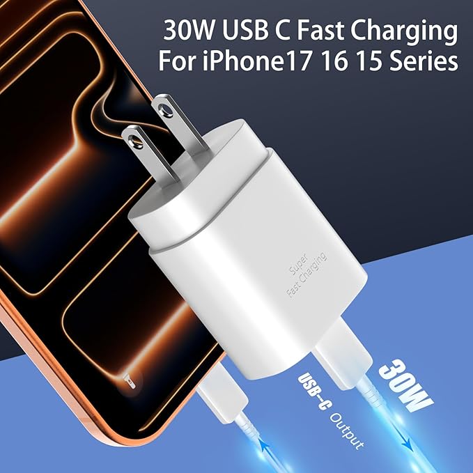 30W USB C Fast Wall Charger with 10FT USB C to USB C Cable for iPhone 17 16 15 iPad