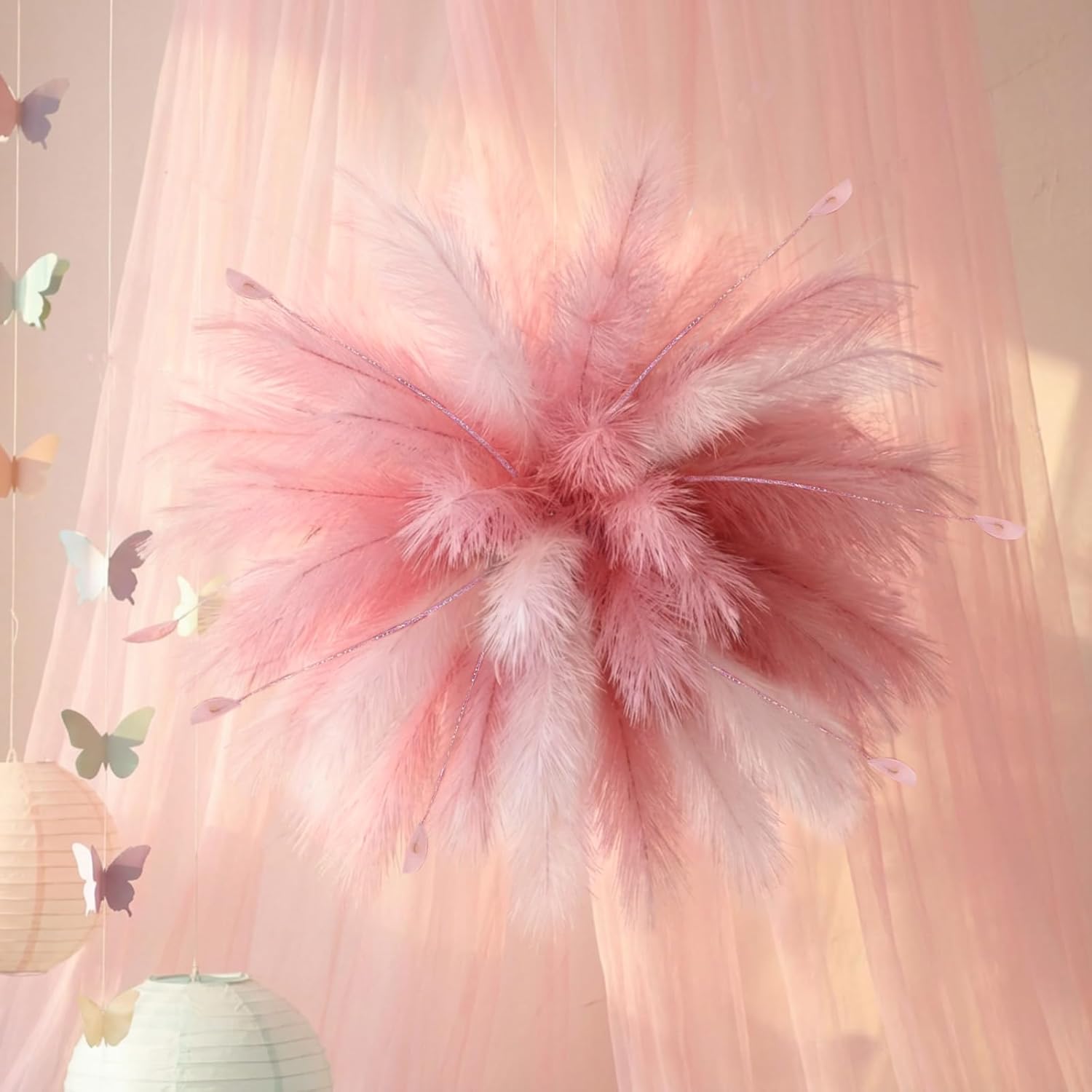 60 Sets Valentine Pink Hanging Decoration Pampas Grass Ceiling Decor Fireworks Design Diy Blush Artificial Pampas Grass For Diy Crafts Wedding Galentines Bedroom Home Bridal Shower(Pink)