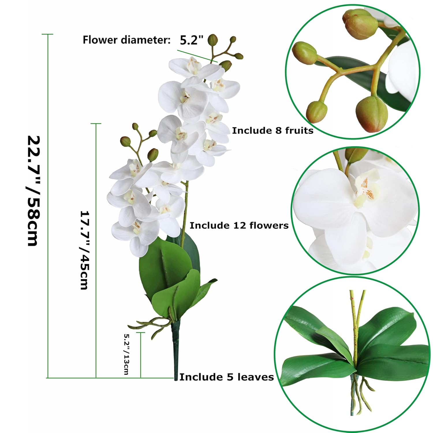Artificial Phaleanopsis Flowers Fake Orchids Leaves Branches For Home Bonsai Garden Decoration (White)