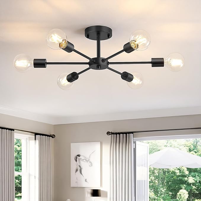 6 Light Black Sputnik Ceiling Light Modern Semi Flush Mount Fixture