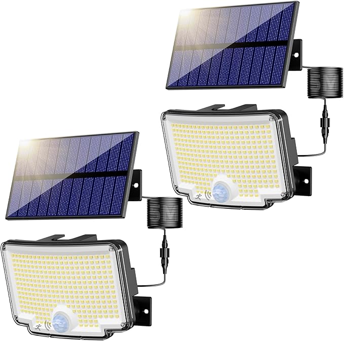 2 Pack 318 LED Solar Motion Security Lights Waterproof Flood Lights with 16.4FT Cable
