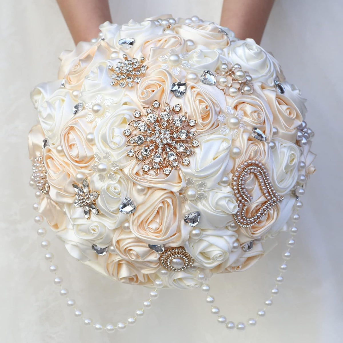 Ivory And Champagne Bridal Wedding Bouquet With Rhinestone Brooch Pearl String Cascade Bouquet For Bride Bridesmaid Quinceanera Satin Rose Flower Bouquet Wedding Champagne And Ivory 8.7In