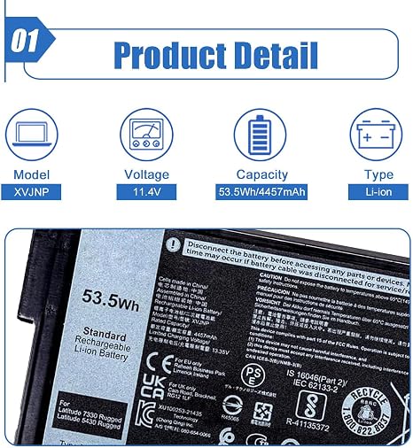 XVJNP 11.4V 53.5Wh Replacement Laptop Battery for Dell Latitude 5430 and 7330 Rugged Extreme