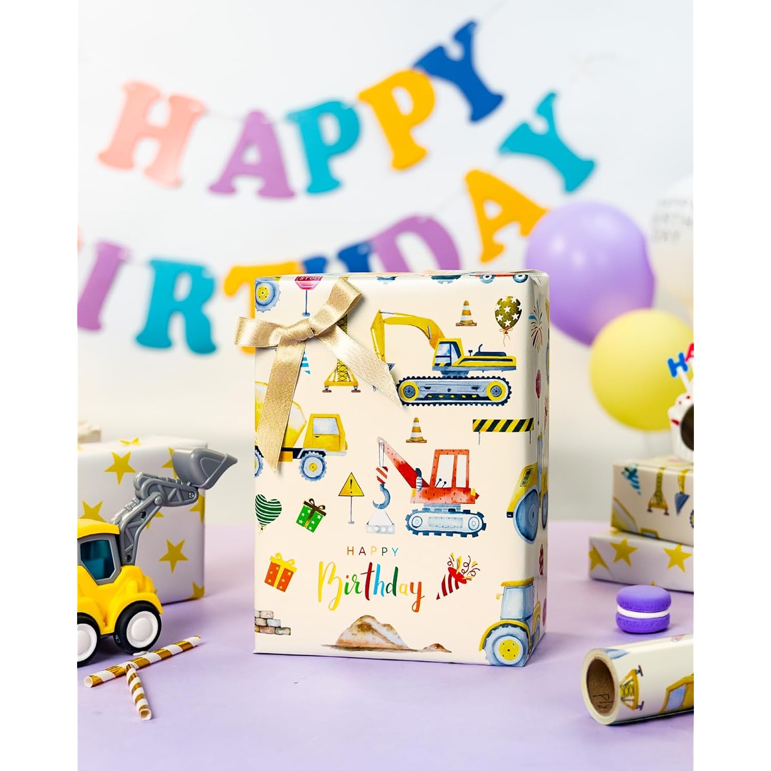 Construction Wrapping Paper Roll, Colorful Excavator,Tractor With Happy Birthday & Star Reversible Gift Wrap For Kids Birthday, Baby Boy Shower, Party, Celebration - Mini Roll(17 In X 32.8 Ft)