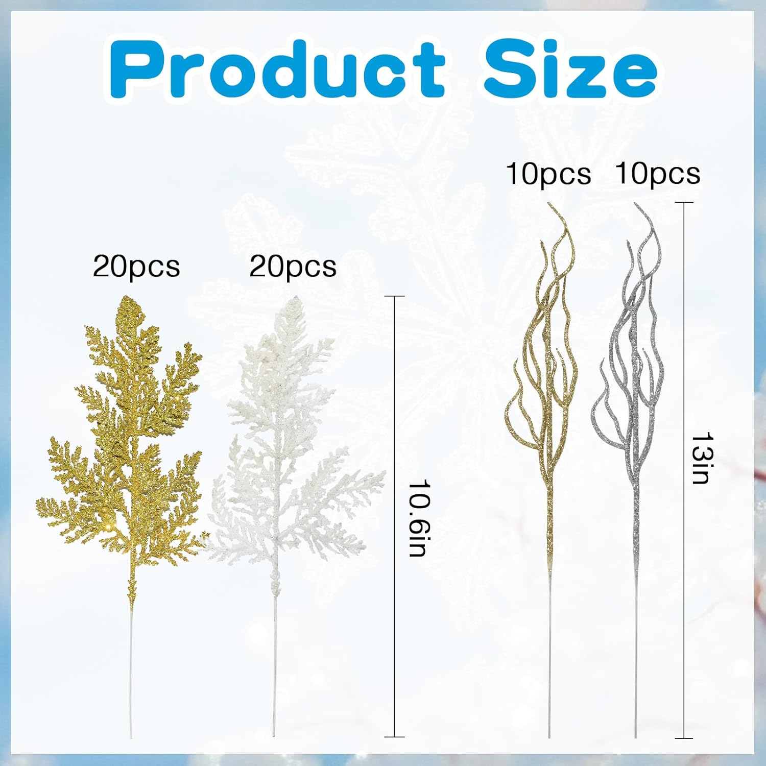 60 Pcs Christmas Glitter Artificial Pine & Cedar Branches - Sparkly Stems Picks For Christmas Tree,Garland,Wreath,Holiday Party & Winter Home Decor